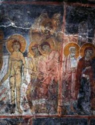 Kristus, Madonna og de hellige, fresko i klosteret Agios Georgios, Diavaide, Kreta, Grækenland (foto)
