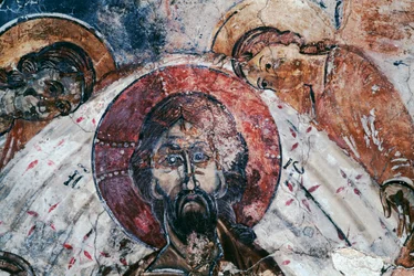Kristus, fresko i den byzantinske kirke St George, Komitades, Kreta, Grækenland (foto)
