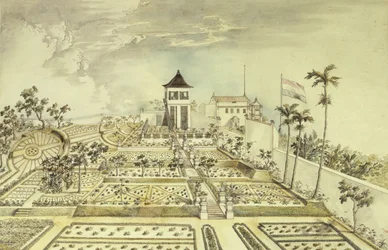 Hollandsk hus med lukket have på Java Island, Indonesien, gravering