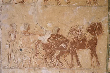 Egypten, Kairo, det gamle Memphis, Saqqara nekropolis, malede relieffer i Horemhebs grav