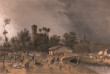 Første division af Regina Brigade angriber Montreoli Bridge, Palestro, Lombardiet