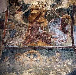 Fresko af helgener i den byzantinske kirke Agios Georgios Xifoforos, Apodoulou, Kreta, Grækenland (foto)