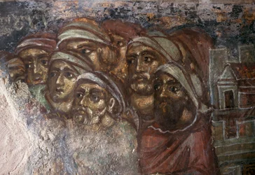 Fresco med gruppe af mænd, den byzantinske kirke i Ayios Stephanos, Drakona, Kreta, Grækenland (foto)