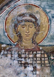 Fresco med helgen i den byzantinske kirke Agios Georgios, Vathi, Kreta, Grækenland (foto)