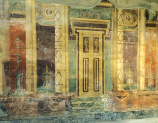 Italien, Campania, Oplonti, arkæologiske område i Torre Annunziata, Roman Villa Poppaea, Great Hall, Fresco med søjler i anden Pompeiansk stil