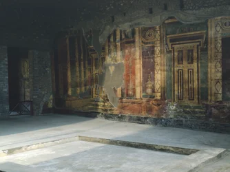 Italien, Campania, Oplonti, det arkæologiske område i Torre Annunziata, den romerske villa Poppaea, fresker med arkitektoniske motiver i anden pompeiansk stil