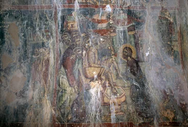 Jesus og vask af fødder, fresco i den byzantinske kirke Agios Athanasios, Kefali, Kreta, Grækenland (foto)