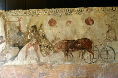 Rejsen til underverdenen, fresko fra nekropolen i Andriuolo-Laghetto i Paestum, Campania, Italien, Den gamle græske civilisation, Magna Graecia, 4. århundrede f.Kr. (foto)