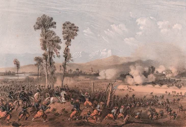 Kong Vittorio Emanuele II leder tropper under slaget ved Palestro, Lombardiet