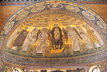 Madonna og barn mellem engle og helgener, mosaik i apsis af Euphrasian basilikaen, Porec, Istrien, Kroatien, 6. århundrede
