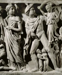 Marmorsarkofag, Relief, der skildrer Prometheus-myten, Detalje, Hermes og en af Parcae eller Skæbner, Fra Arles