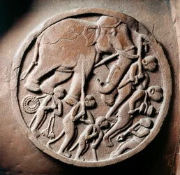 Medaljon med aber og elefanter, relief fra Stupa af Bharhut, buddhistisk monument, Madhya Pradesh, Indien, indisk civilisation, 2. århundrede f.Kr.