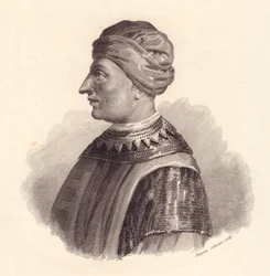 Portræt af den italienske hærfører Can Francesco della Scala, også kendt som Cangrande 1. (1291-1329), kobberstik af Eugenio Silvestri