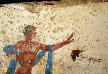 Procession med atlet, detaljer, fresco fra Tomb of Diver, Paestum, Campania, Italien, oldgræsk civilisation, Magna Graecia, 3. århundrede f.Kr. (foto)