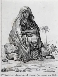 Rene Caillie (1799-1838), opdagelsesrejsende iført arabisk tøj, mediterer over Koranen
