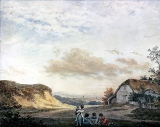 Landskab af Luke Howard med børn, der leger ved et sommerhus, c 1808-1811