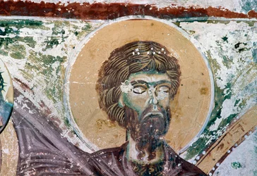 Saint, detalje fra fresco i kirken Agios Georgios, Mourne, Kreta, Grækenland (foto)