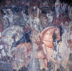 Helgen til hest, fresko i kirken i Palaia Roumata, Kreta, Grækenland (foto)