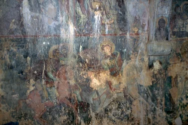 Hellige til hest, fresko i den byzantinske kirke Agios Athanasios, Kefali, Kreta, Grækenland (foto)