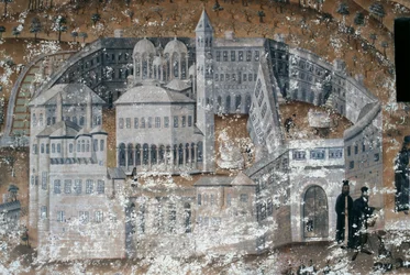Udsigt over kloster, fresko i Ikosifinissis kloster, nær Serres, Grækenland