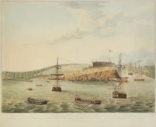 Angreb på Fort Oswego, Lake Ontario, N. Amerika. 6. maj 1814, middag, og stormende Fort Oswego af Anden Bataljon Royal Marines og en gruppe sømænd, 15 m over tolv ved middagstid, indgraveret af R. Havell, 1815