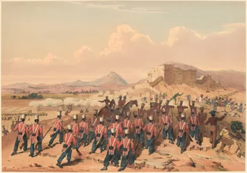 Storming af Khelat. [The 17th Regt] Taking the Heights (farve litho)