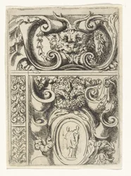 Cartouche med dyrehoved og under en cartouche med Madonna med barn Divertimenti di Livio Meus (serietitel)