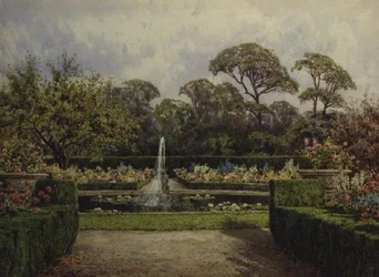 Lily Pond Garden med en cirkulær dam og en Cherub Fountain (akvarel og gouache)