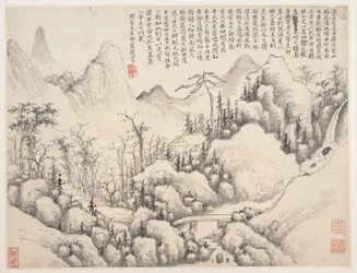 Mountain Retreat, blad fra Album for Zhou Lianggong, dateret til 1654-55 (blad fra et kollektivt album med mange blade; blæk og farve på papir)