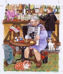 Bedstemor og en kat og en harmonika (akvarel på papir)