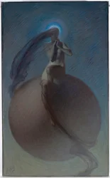 ""La quete"" (The Quest) Drømmelignende repræsentation, kvindelig silhuet placeret på en globus - Maleri af Lindsay Bernard Hall (1859-1935) ca. 1905 - Olie på lærred Dim 154x94,5 cm National Gallery of Australia, Canberra