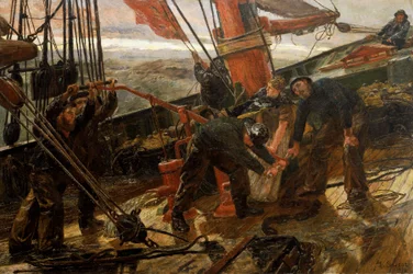 Scene på dækket af en skonnert, der er fanget i en storm, et havdrama, alle sømændene og kaptajnens kone er samlet for at aktivere pumpen og trække i sejlene og tovværket.