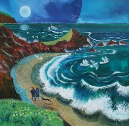 Vandrere ved Hartland Bay, 2019 (akryl på papir)
