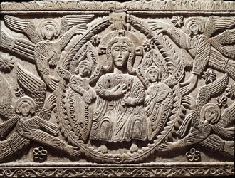 Lombard kunst: Kristus i herlighed, lavt relief fra hertug Rachis alter (Ratchis eller Ratgis) - Skulptur, Lombard kunst, 737-744 (Relief af Ratchis alter, der repræsenterer Kristus i herlighed) Cividale del Friuli, Chretien Museum, skatmester for katedral