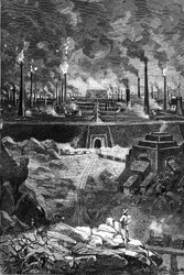 Tegning af Leon Benett, fra Jules Vernes bog "The 500 million of the Begum" - udgave Hetzel/Extraordinary Voyages 1879. Udsigt over "Stålbyen", et gigantisk sæt af fabrikker (højovne - stålstøberier)