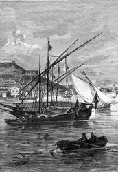 Illustration til Jules Vernes roman "Keraban den stædige", Hetzel-samlingen/Usædvanlige rejser, 1883. Tegning af Léon Benett: havnen i Kertj (Krim), ved Jenikale-strædet, mellem Sortehavet og Azovhavet.