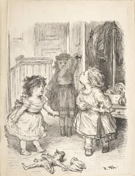 Tre små piger i et rum skændes og spytter, 1835-1903.