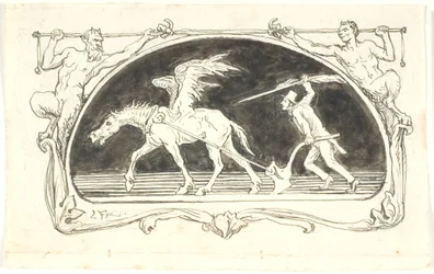 Vignet med en udslidt Pegasus for en plov, der drives frem af en mand med høj hat, bevæbnet med en stor pen