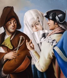 En gentleman i en frygisk motorhjelm bliver tiltalt af en gentleman i en gul frakke og sort tricorn hat med en dame i en blå brokadekjole og hvid mantilla,