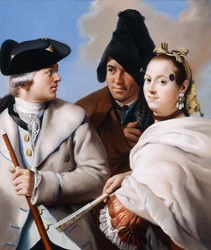 En gentleman i en tricorn hat med en stok, en gentleman i en sort frygisk motorhjelm og en ung kvinde med en mouche i en rød kjole,
