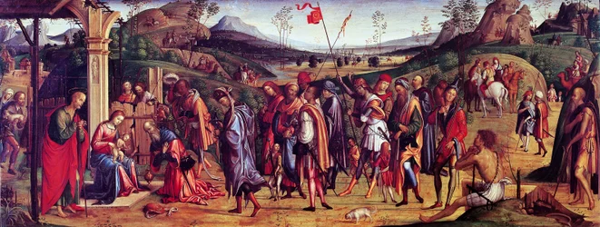 Adoration of Magi af Lorenzo Costa (1460-1535), olie på lærred, 75x181 cm