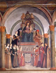 Madonna og barn med engle, af Lorenzo Costa (ca 1537-1583), Bentivoglio kapel i kirken San Giacomo Maggiore, Bologna, Italien