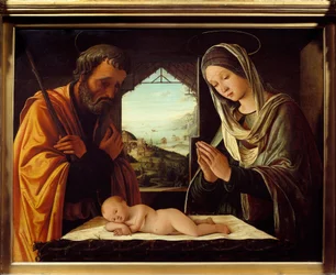 Nativit træmaleri af Lorenzo Costa (1460-1535) 1490 Dim. 0,65x0,85 m Lyon, Musee des Beaux Arts