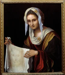 Sankt Veronica. Det hellige slør forestiller Kristi ansigt, hvis sved Veronica skal have tørret under opstigningen til Golgata. Maleri af Lorenzo Costa (1460-1535). Mål: 0,64 x 0,54 m.