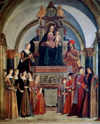 The Virgin of the Bentivoglio Virgin har barnet omgivet af medlemmer af Bentivoglio-familien. Maleri af Lorenzo Costa (1460-1535) 1488 Bologna, San Giacomo Maggiore-kirken