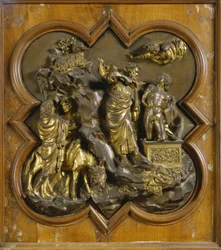 Isaks offer. Originalpanel fra Paradisporten (Baptisteriets østport), efter restaurering. Forgyldt bronze, 1425-52. Museo del Bargello, Firenze.