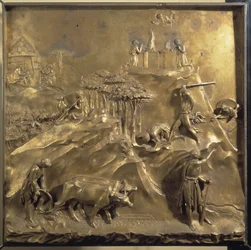 Kains og Abels liv: offeret, mordet på Abel og Gud, der forviser Kain. Originalt panel fra Paradisets Port