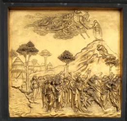 Moses modtager lovens tavler, relief, Paradisets port i Baptistkirken, 2015 (foto)
