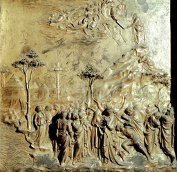 Moses modtager lovens tabeller Originalt panel af Paradisporten (Østporten til Baptisteren), efter restaurering. Guldbronze af Lorenzo Ghiberti (1378-1455)