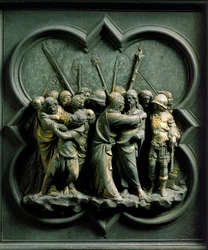 Nordporten (kaldet Korsets Port mod nord), udvendig detalje: „Judaskysset“. Bronzeskulptur udført af Lorenzo Ghiberti (1378-1455)